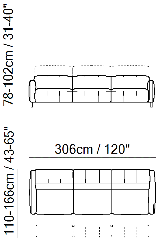 Sophy Sectional by Natuzzi Italia: Three-seater sofa with three electric recliner functions, outline drawing with sizes