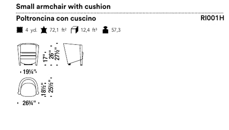 Rich Armchair by Moroso, size drawing: Small armchair with cushion