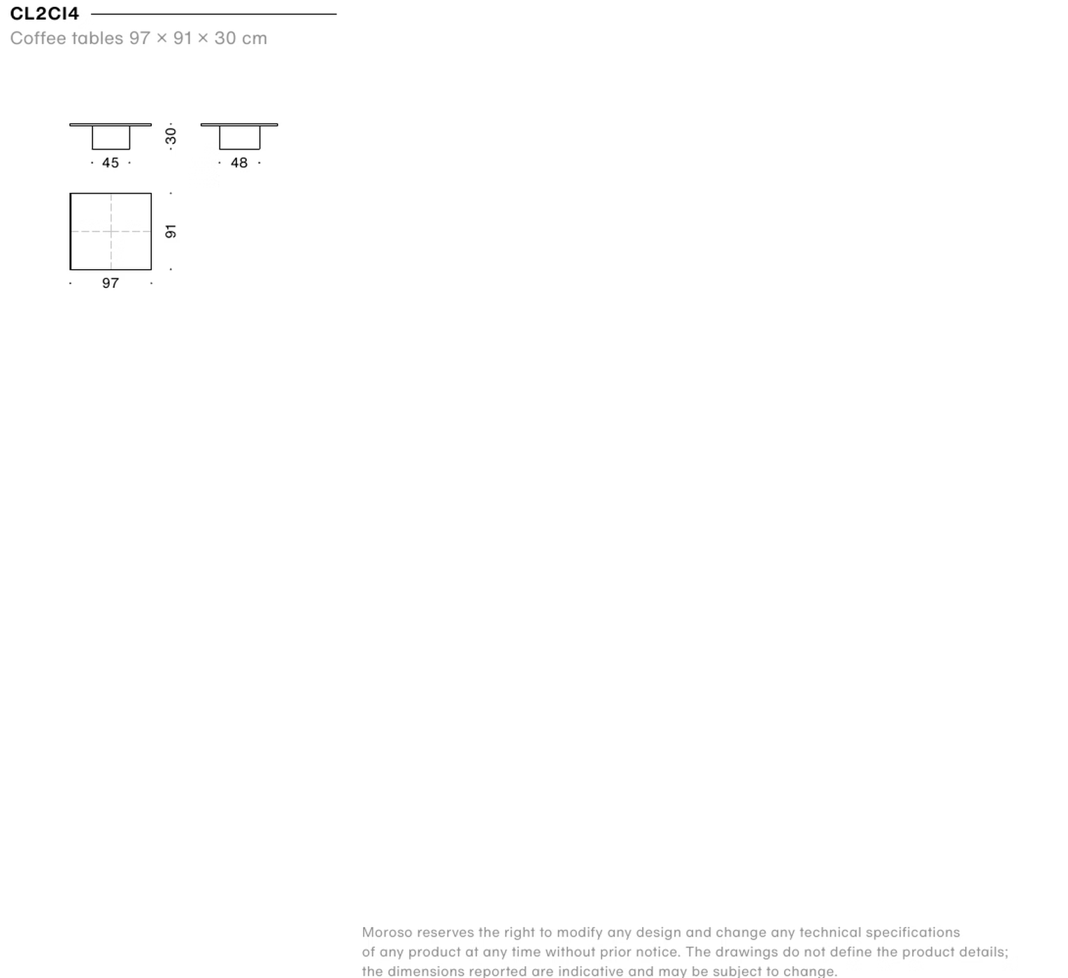 Clay Coffee Table by Moroso, size drawing: Coffee tables 97 × 91 × 30 cm