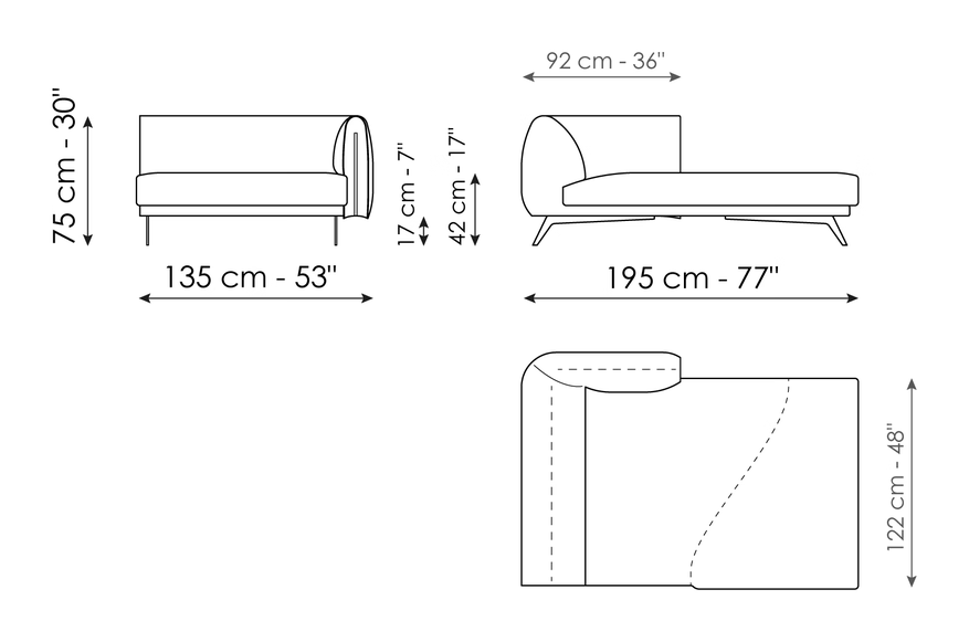 Saddle Sofa by Bonaldo, size drawing: Chaise longue 135 x 195