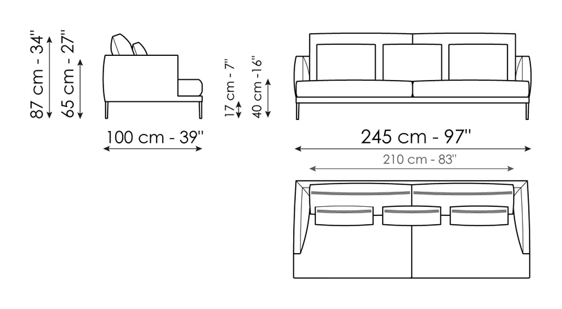 Paraiso Sofa by Bonaldo, size drawing: Sofa 245 - 2 seats