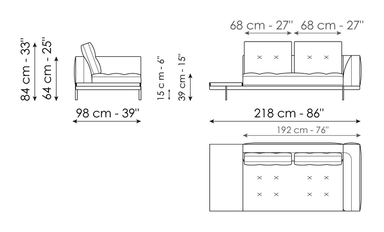 Maximilian Sofa by Bonaldo, size drawing: End section with tray 218