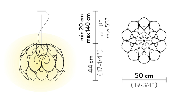 Flora Pendant Lamp by Slamp, size drawing