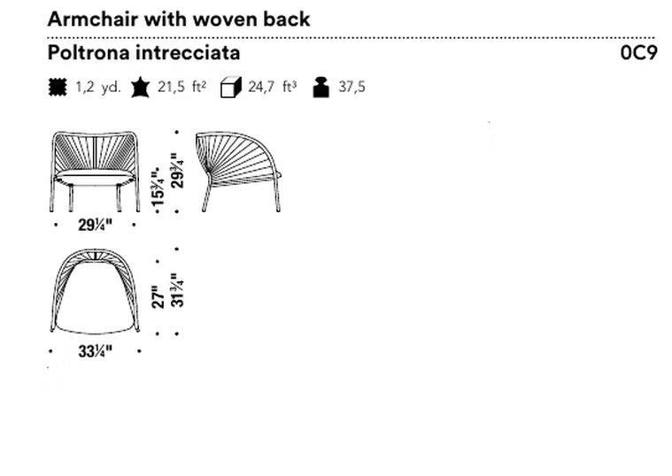 Yumi Armchair by Moroso, size drawing: Armchair with woven back