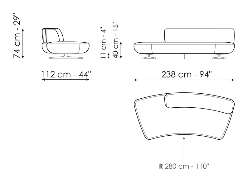 Grant Sofa by Bonaldo, size drawing: Semi-arched 238