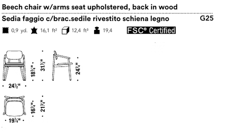 Klara Dining Chair by Moroso, size drawing: Beech chair w/arms seat upholstered, back in wood