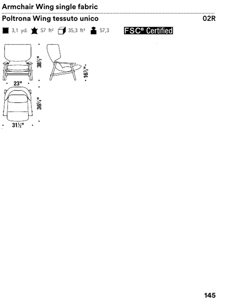 Lilo Wing Armchair by Moroso, size drawing: Armchair Wing single fabric