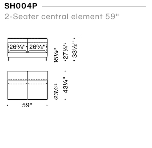 Shanghai Tip Sofa by Moroso, size drawing: 2-Seater central element 59"