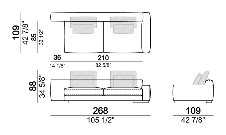Atlas Sofa by Arketipo, size drawing: Unit SLIM with right or left back
