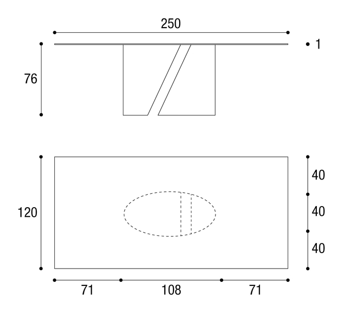 Wadi Dining Table by Lago, size drawing: 2515L · 2515X