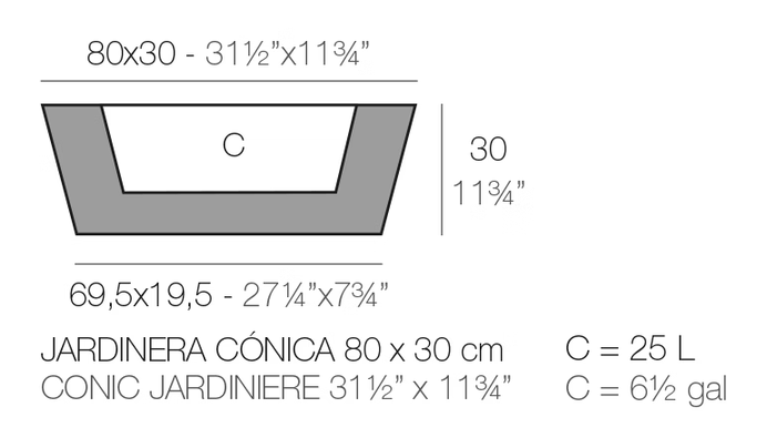 Jardinera Simple Planter by Vondom, size drawing