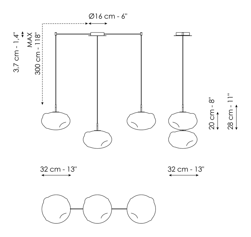 Pepita Pendant by Bonaldo, size drawing: Pepita - 3 lights