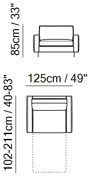 Capriccio Sofa Bed by Natuzzi Italia: Chair-bed with Greenplus mattress, outline drawing with sizes