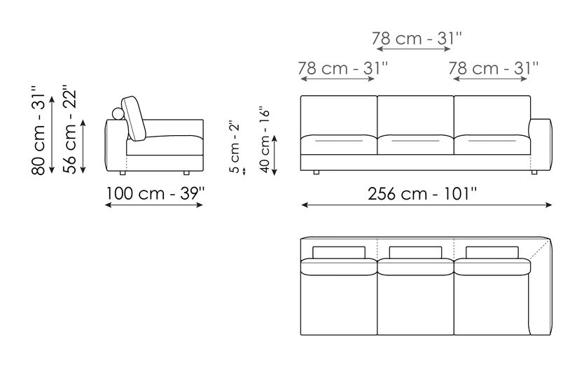 Superhiro Sofa by Bonaldo, size drawing: End section sofa 256