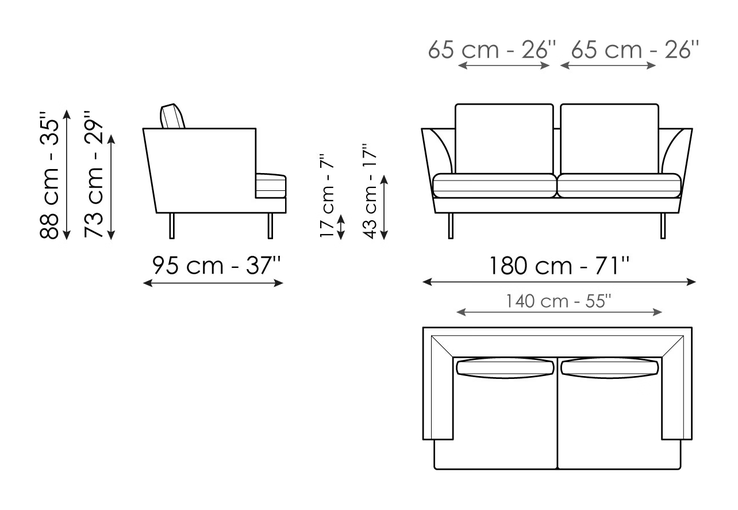 Lars Sofa by Bonaldo, size drawing: Sofa 180