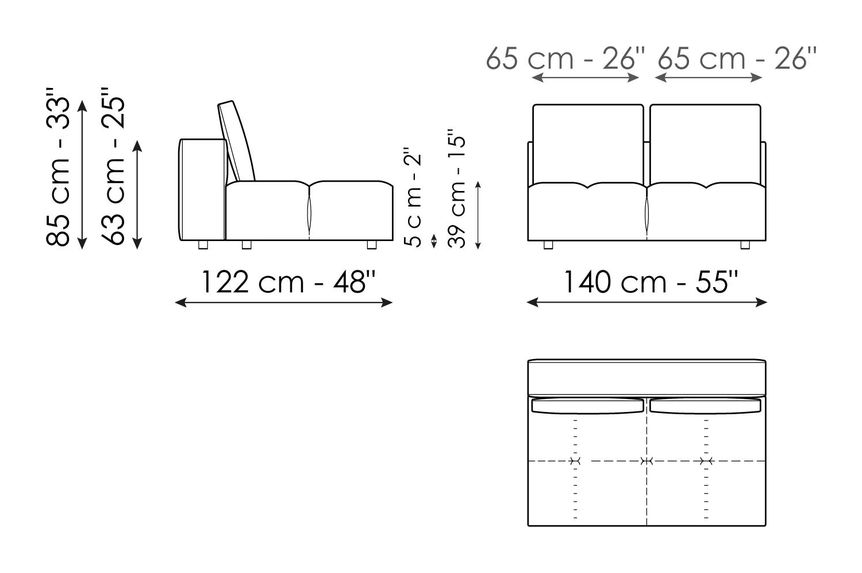 Bonamour Sofa by Bonaldo, size drawing: Center section 140 x 122