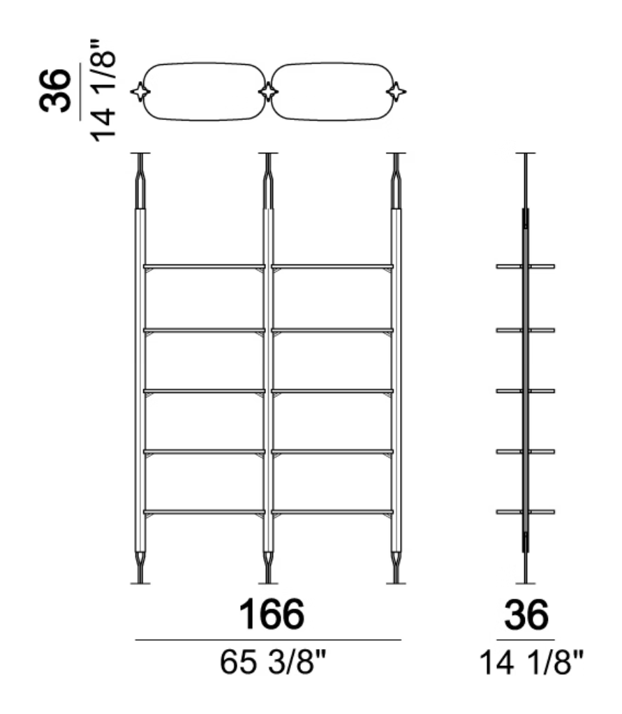 More Bookcase by Arketipo, size drawing: 3 uprights + 10 shelves 80 cm