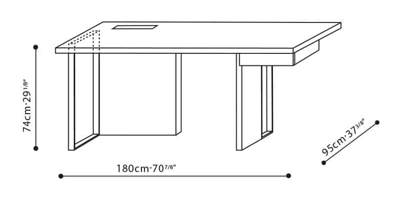 Time Desk by Camerich, size drawing: C05D1103+B52D1107+B51D1108