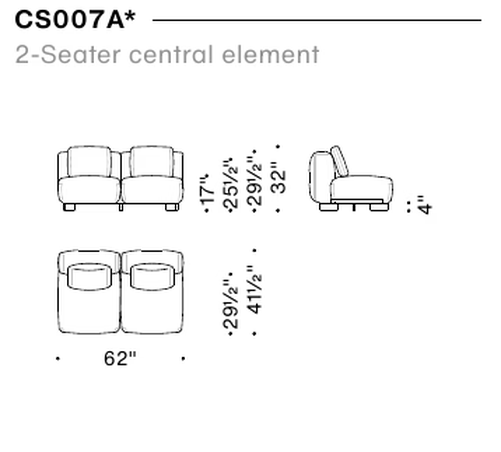 Cuadra-Soft Sofa by Moroso, size drawing: 2-Seater central element