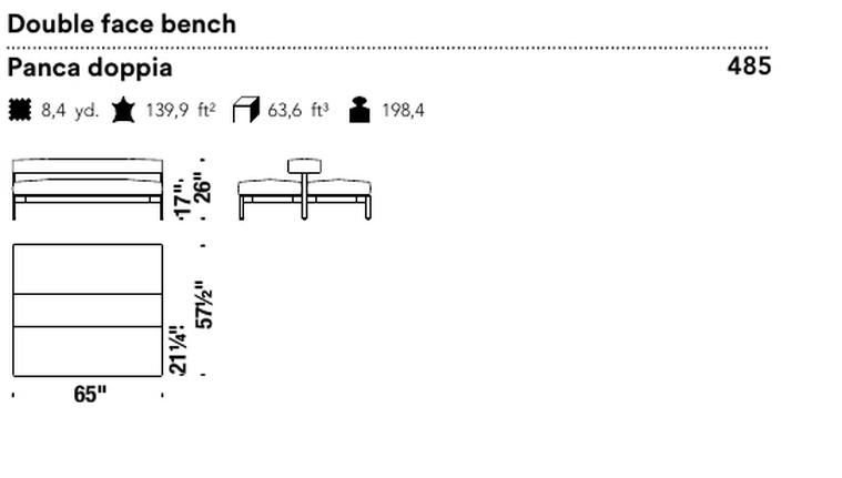 Freeflow Seating System by Moroso, size drawing: Double face bench