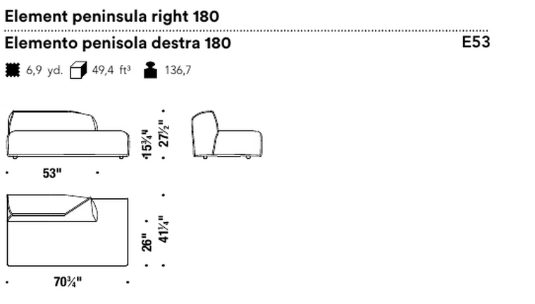 M.a.S.S.a.S. Sofa by Moroso, size drawing: Element peninsula right 180