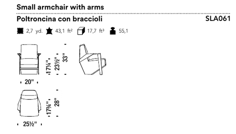 Silver Lake Armchair by Moroso, size drawing: Small armchair with arms