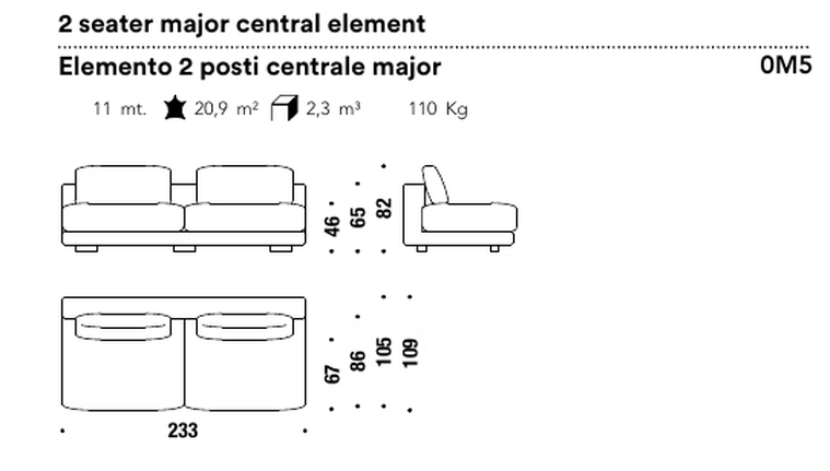Salon Nanà Sofa by Moroso, size drawing: 2 seater major central element