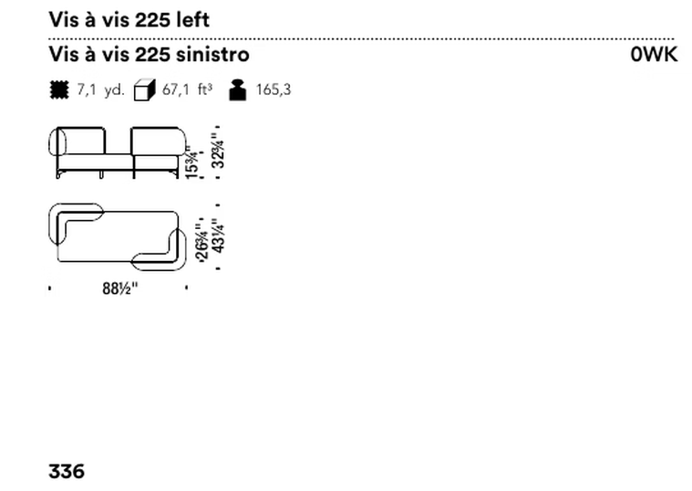 Tender Sofa by Moroso, size drawing: Vis à vis 225 left