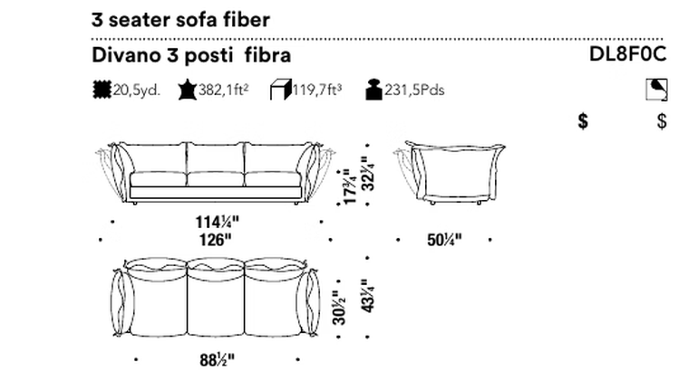 Cloudscape Sofa by Moroso, size drawing: 3 seater sofa fiber