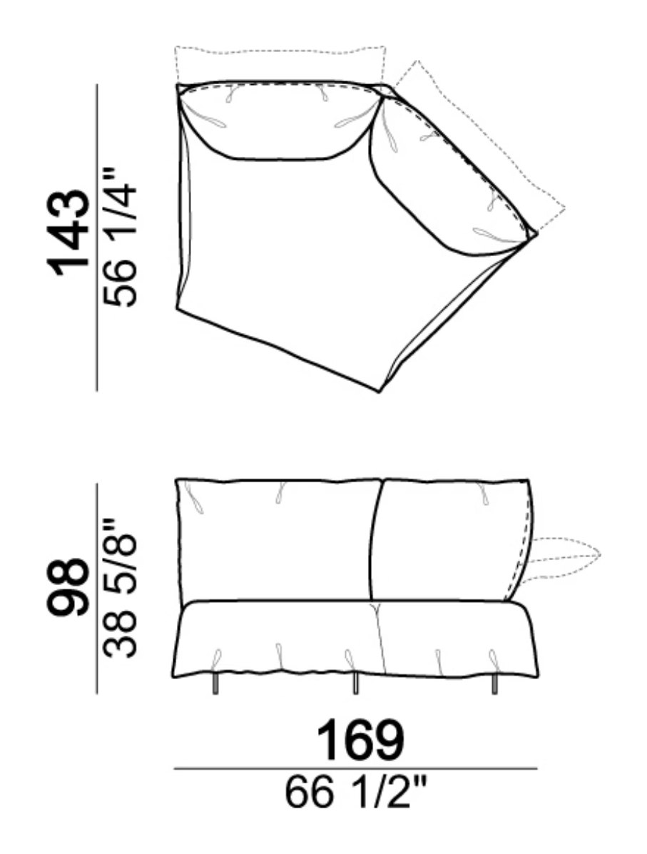 Bodyguard Zen Sofa by Arketipo, size drawing: Central unit with angle 45°