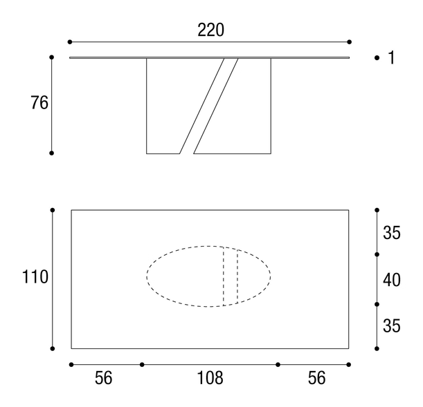 Wadi Dining Table by Lago, size drawing: 2515L · 2515X