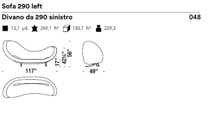 Victoria and Albert Sofa by Moroso, size drawing: Sofa 290 left