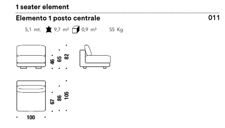 Salon Nanà Sofa by Moroso, size drawing: 1 seater element