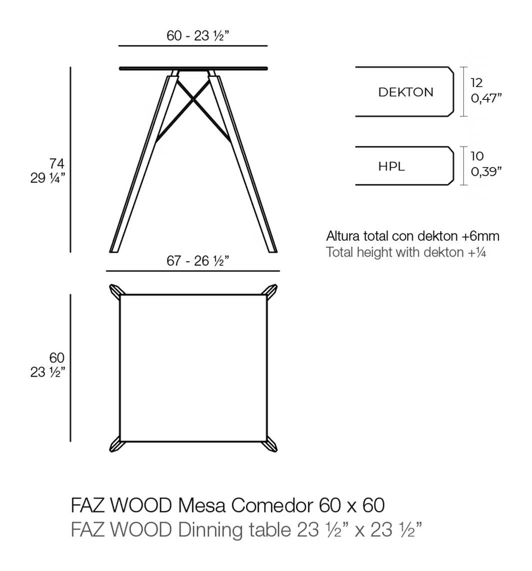 Faz Wood Dining Table by Vondom, size drawing