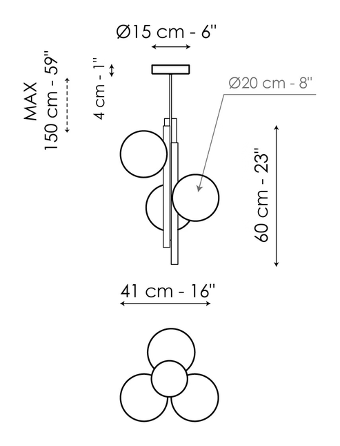 Bon Ton Pendant by Bonaldo, size drawing: 3 lights suspension