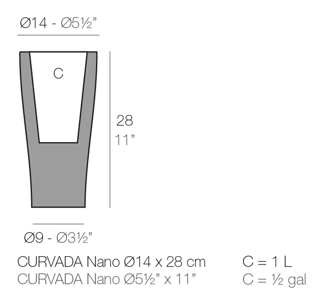 Curvada Planter by Vondom, size drawing