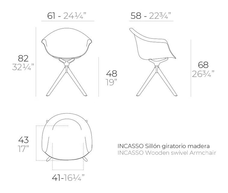 Incasso Swivel Armchair With Wooden Legs by Vondom, size drawing