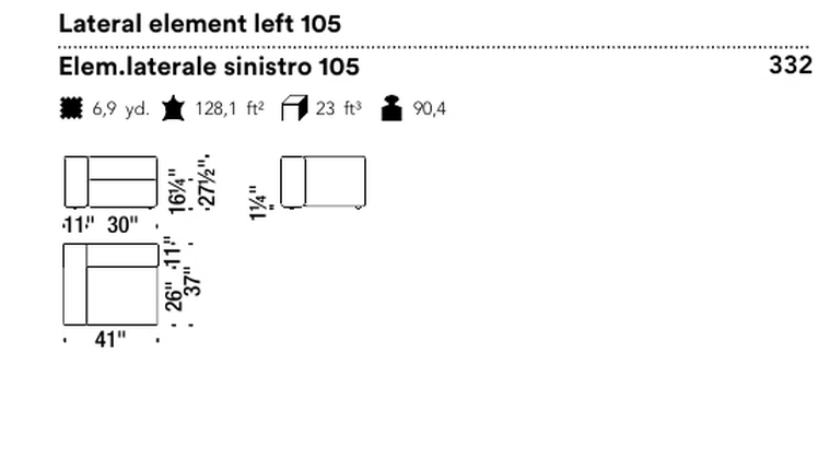 Spring Sofa by Moroso, size drawing: Lateral element left 105