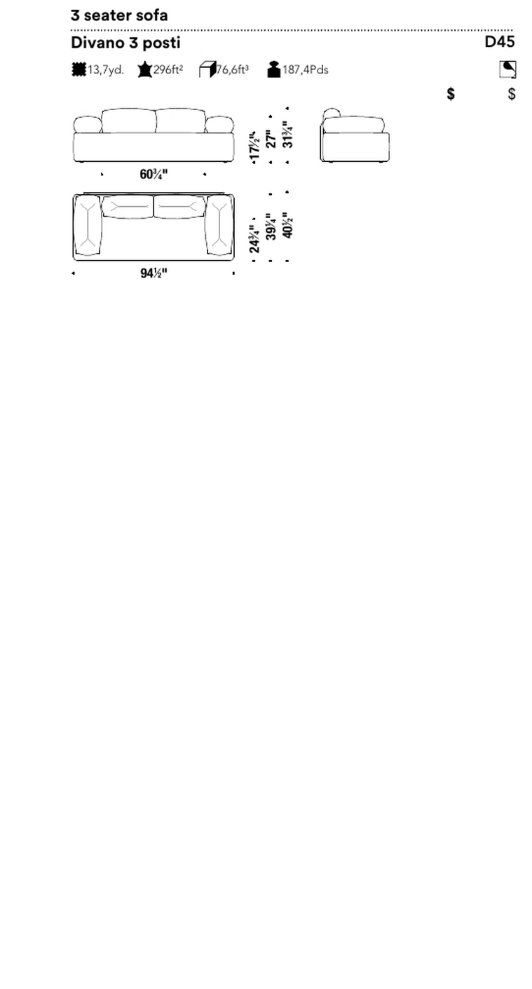 D-Uffle Sofa by Moroso, size drawing: 3 seater sofa