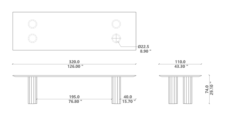 Salinas Dining Table by Talenti, size drawing: 320 × 100