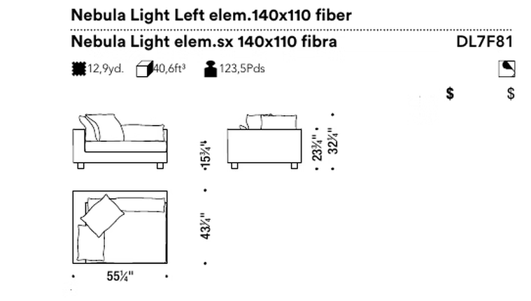 Nebula Light Sofa by Moroso, size drawing: Nebula Light Left elem.140x110 fiber