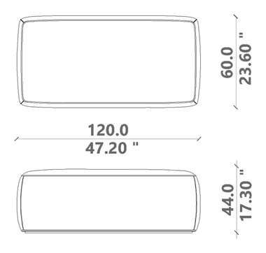 Otis Ottoman by Talenti, size drawing: 120 × 60 × 44