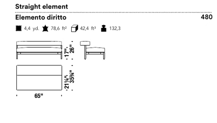 Freeflow Seating System by Moroso, size drawing: Straight element