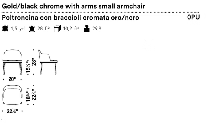 Precious Armchair by Moroso, size drawing: Gold/black chrome with arms small armchair