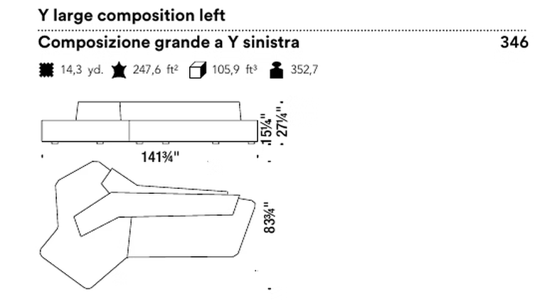 Rift Sofa by Moroso, size drawing: Y large composition left