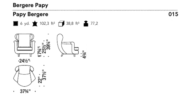 Papy Bergere Armchair by Moroso, size drawing