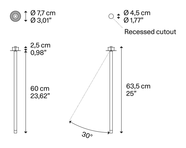 A-Tube Nano Swing Ceiling Lamp by Lodes, size drawing: A-Tube Nano Swing medium