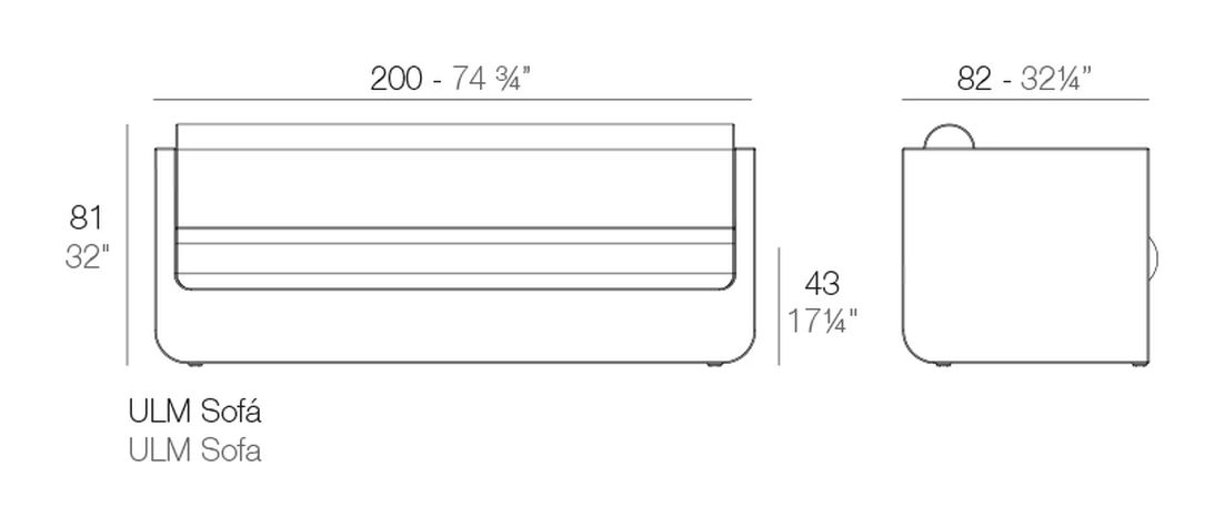 Ulm Sofa by Vondom, size drawing