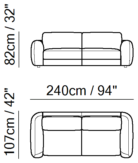 Simple Sofa Bed by Natuzzi Italia: Three-seater sofa, outline drawing with sizes