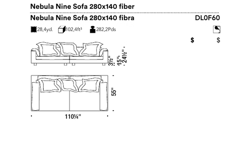 Nebula Nine Sofa by Moroso, size drawing: Nebula Nine Sofa 280x140 fiber